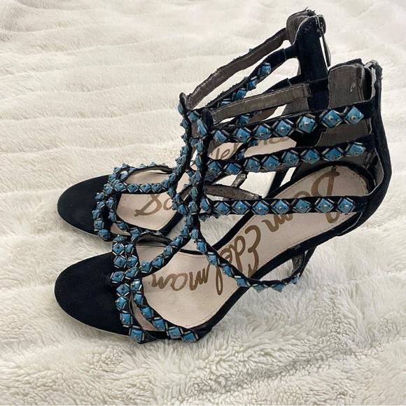 Sam Edelman Studded Gladiator Black Turquoise Strappy Sandals Heels Size 8.5 - Picture 4 of 15